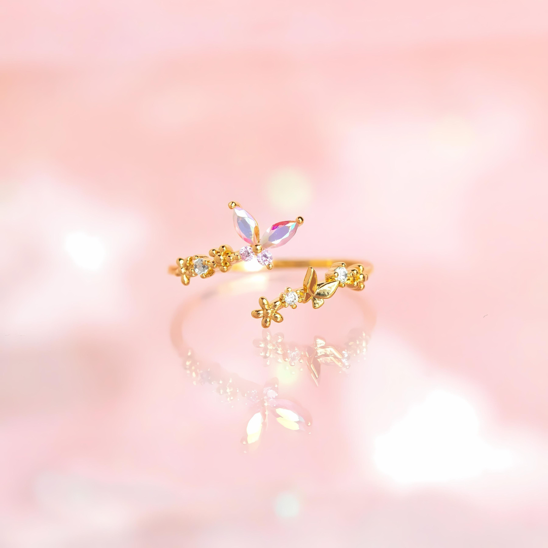 Sweet Romance Butterfly Flower Open Ring - Elegant Adjustable Fashion Jewelry for Women | Perfect for Weddings, Dates & Special Occasions | R2306