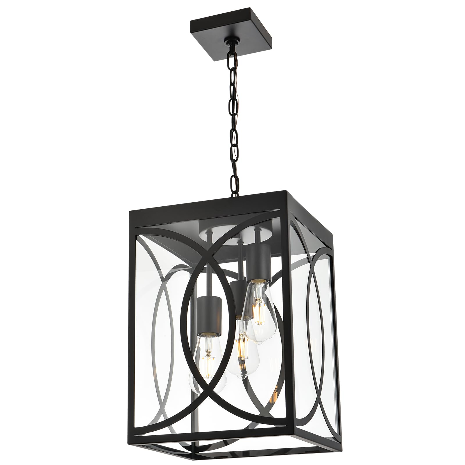 3-Light Black Outdoor Pendant Light Fixture - Large Exterior Hanging Lantern with Clear Glass, Metal Chandelier for Porch Lighting | Perfect for Front Porch Entrance, Patio, Garden & Backyard Decor