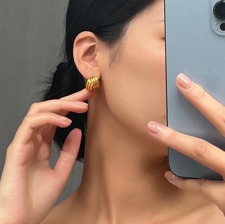 14K Gold Ribbed Triple Open Hoop Earrings for Women - Trendy Stud Earrings for Everyday Wear | Perfect for Work, Date Night & Special Occasions | F1545