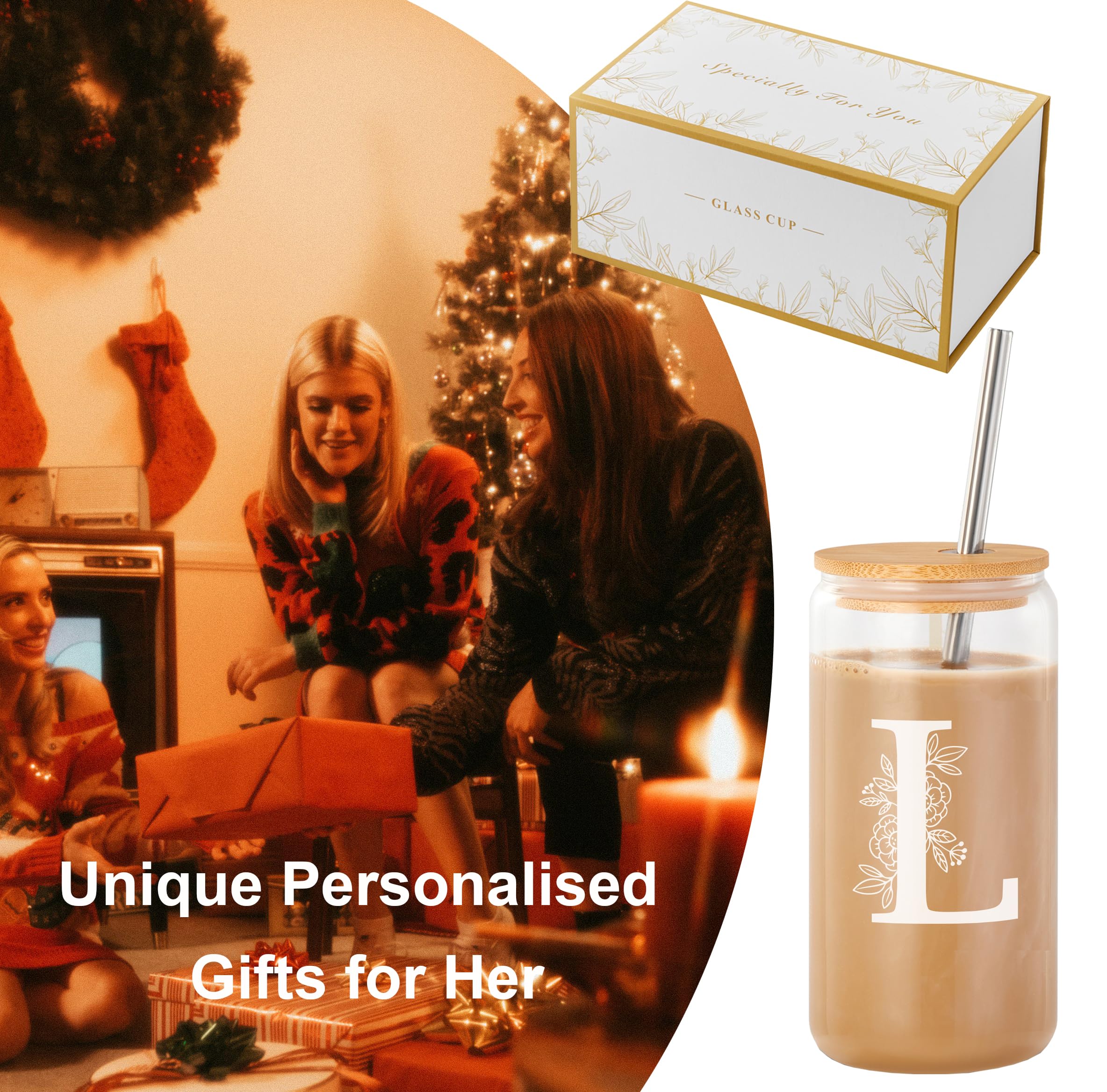 Personalized 16oz Glass Coffee Cup with Lid & Straw - Custom Monogram Initials Gift for Women - Perfect for Coffee, Tea, Beer & Smoothies - Great for Office, Home & Travel Use