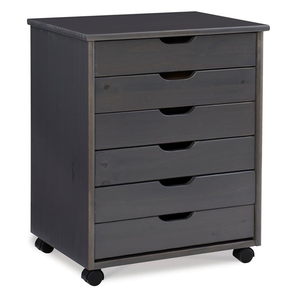 6-Drawer Wide Wooden Rolling Cart with Wheels - Gray Storage Organizer for Home, Office, or Craft Room