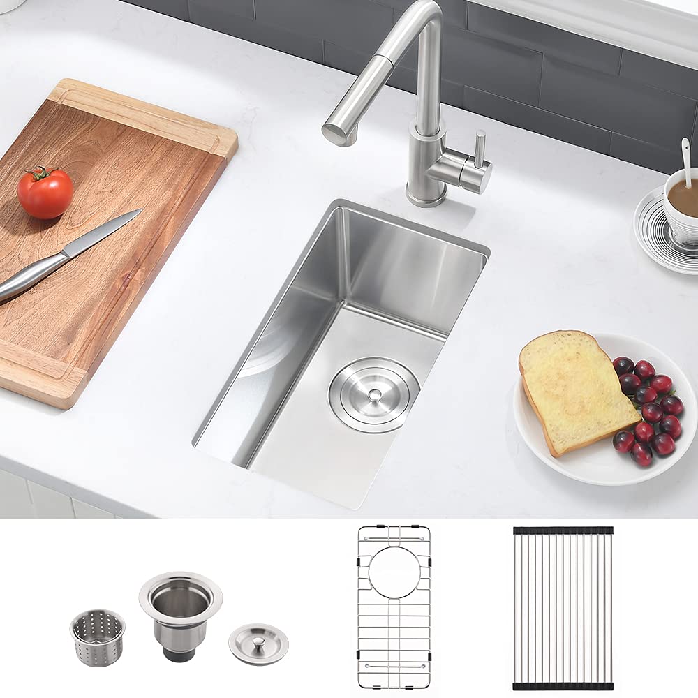 10x18 Inch Undermount Bar Sink - 16 Gauge Stainless Steel Small Wet Bar Prep Sink with Tight Radius for RV & Outdoor Kitchen - Includes Bottom Grid & Drain - Perfect for Compact Spaces, Entertaining & Food Prep