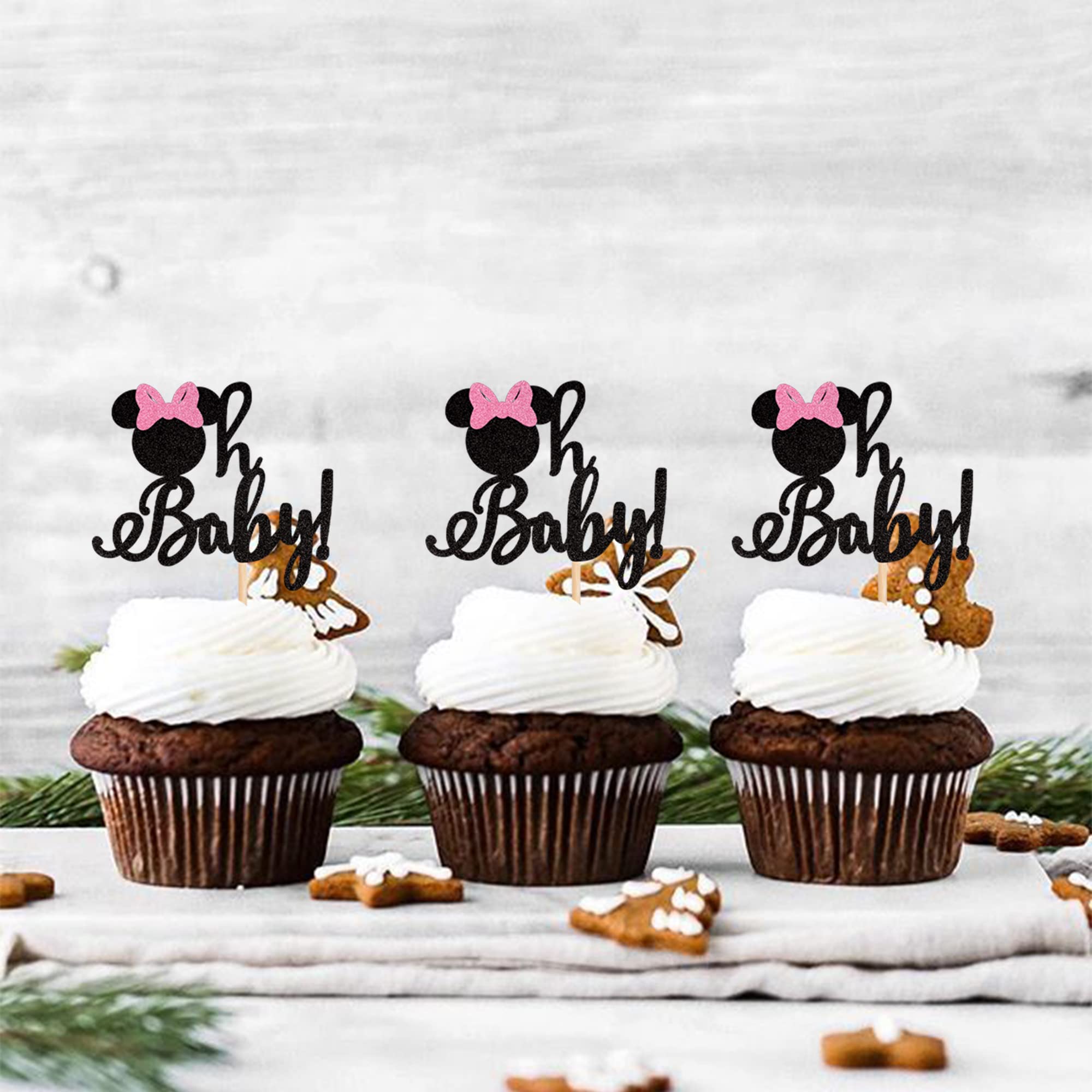 24 Pack Glitter Mouse Cupcake Toppers - Mouse Theme Food Picks for Gender Reveal, Baby Shower & Kids Birthday Party Cake Decorations - Perfect for Baby Shower, Birthday Party & Holiday Celebrations