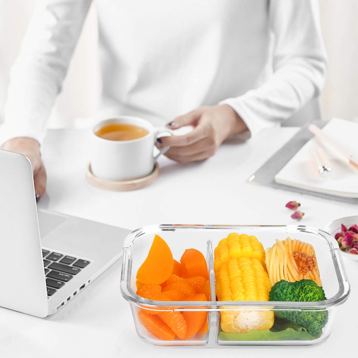 5-Pack 36 Oz Glass Meal Prep Containers with 2 Compartments & Snap Locking Lids - BPA-Free Food Storage Containers for Portion Control - Microwave, Oven, Freezer & Dishwasher Safe (4.5 Cups, White) - Perfect for Meal Prepping, Leftovers & Healthy Eating