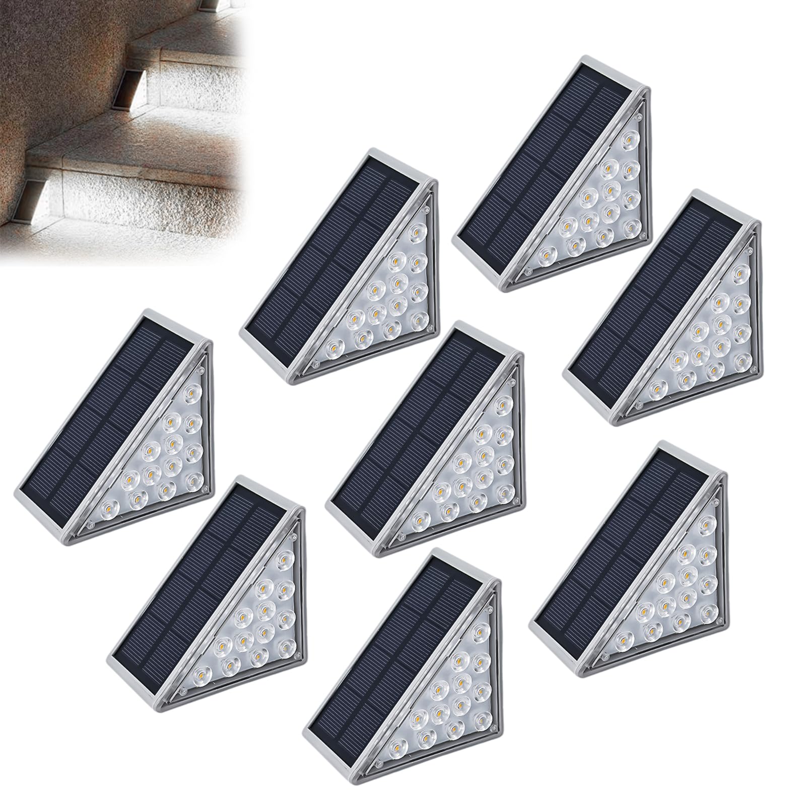 Solar Step Lights Outdoor Waterproof - 8 Pack White LED Triangle Stick-On Lights for Stairs, Walkways & Garden - Solar Powered Step Lighting for Instant Curb Appeal at Night