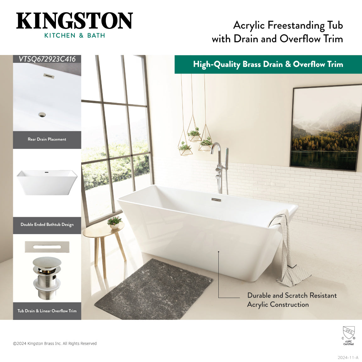 Aqua Eden 67-Inch Acrylic Freestanding Bathtub - Glossy White with Antique Brass Finish - Double-Ended Rectangular Soaking Tub with Drain - Perfect for Luxury Bathrooms & Spa Retreats