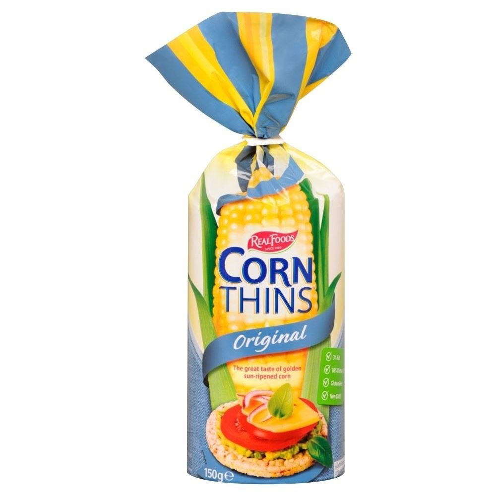 Real Foods Corn Thins - Original Gluten Free Rice Cakes (150g) - Healthy Snacks for Weight Loss, Keto Diet & On-The-Go Breakfast