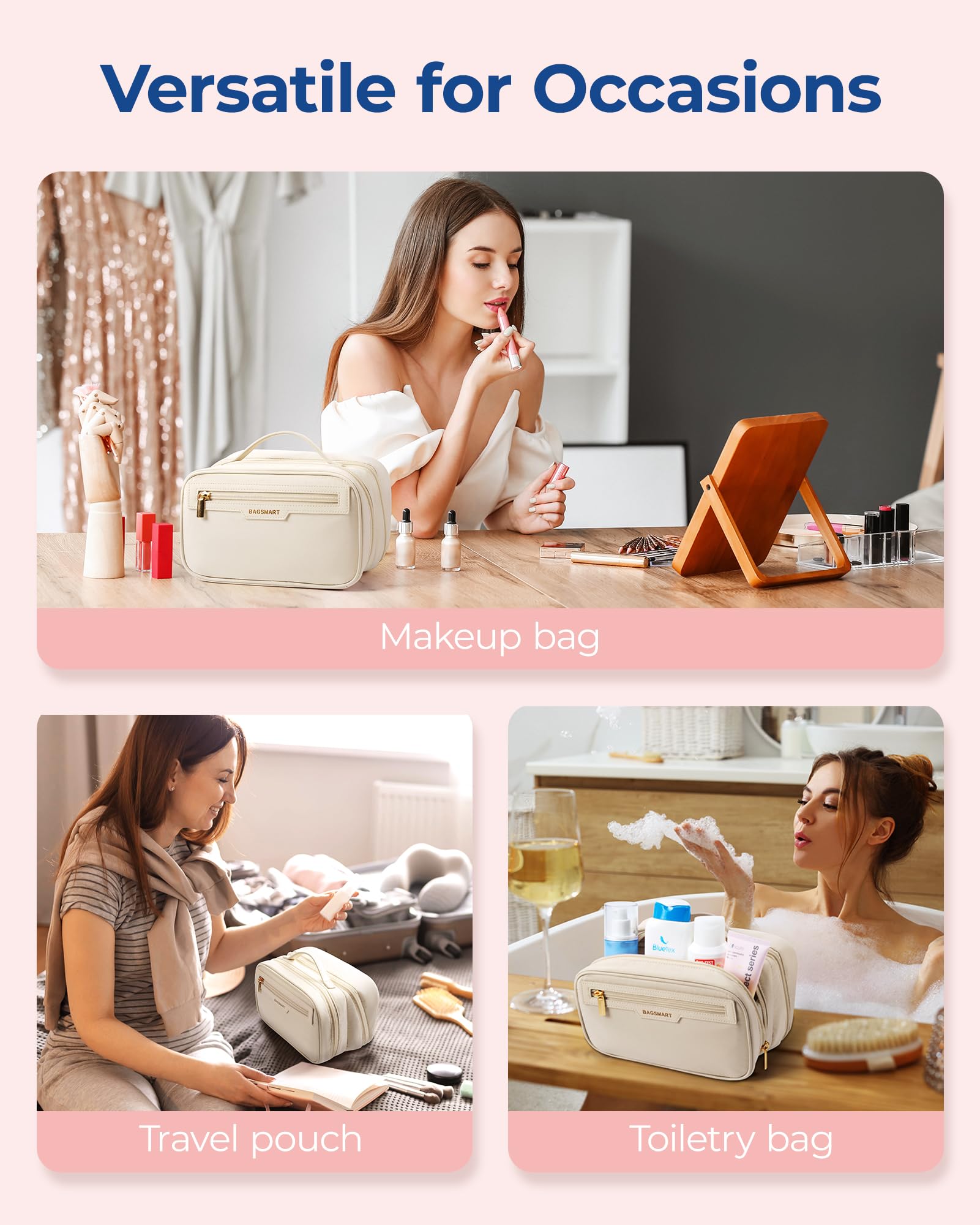 BAGSMART Travel Makeup Organizer Bag for Women - Portable Cosmetic Bag with Wide Opening for Toiletries, Brushes & Bottles | Perfect for Travel Essentials & Daily Use (Beige)