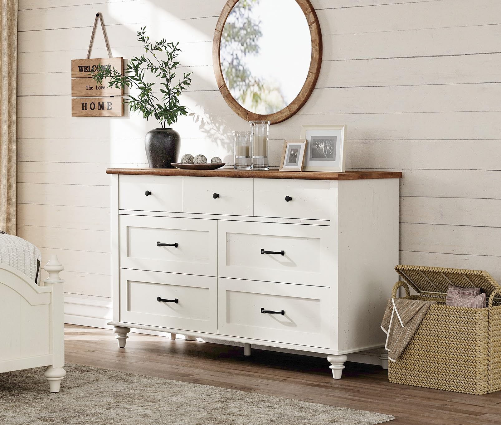 WAMPAT 7-Drawer Kids Dresser for Nursery & Bedroom - White Mid Century Modern Baby Dresser Organizer, 54 Inch Wide Distressed Chest for Children's Room Storage - Perfect for Clothes, Toys & Nursery Organization