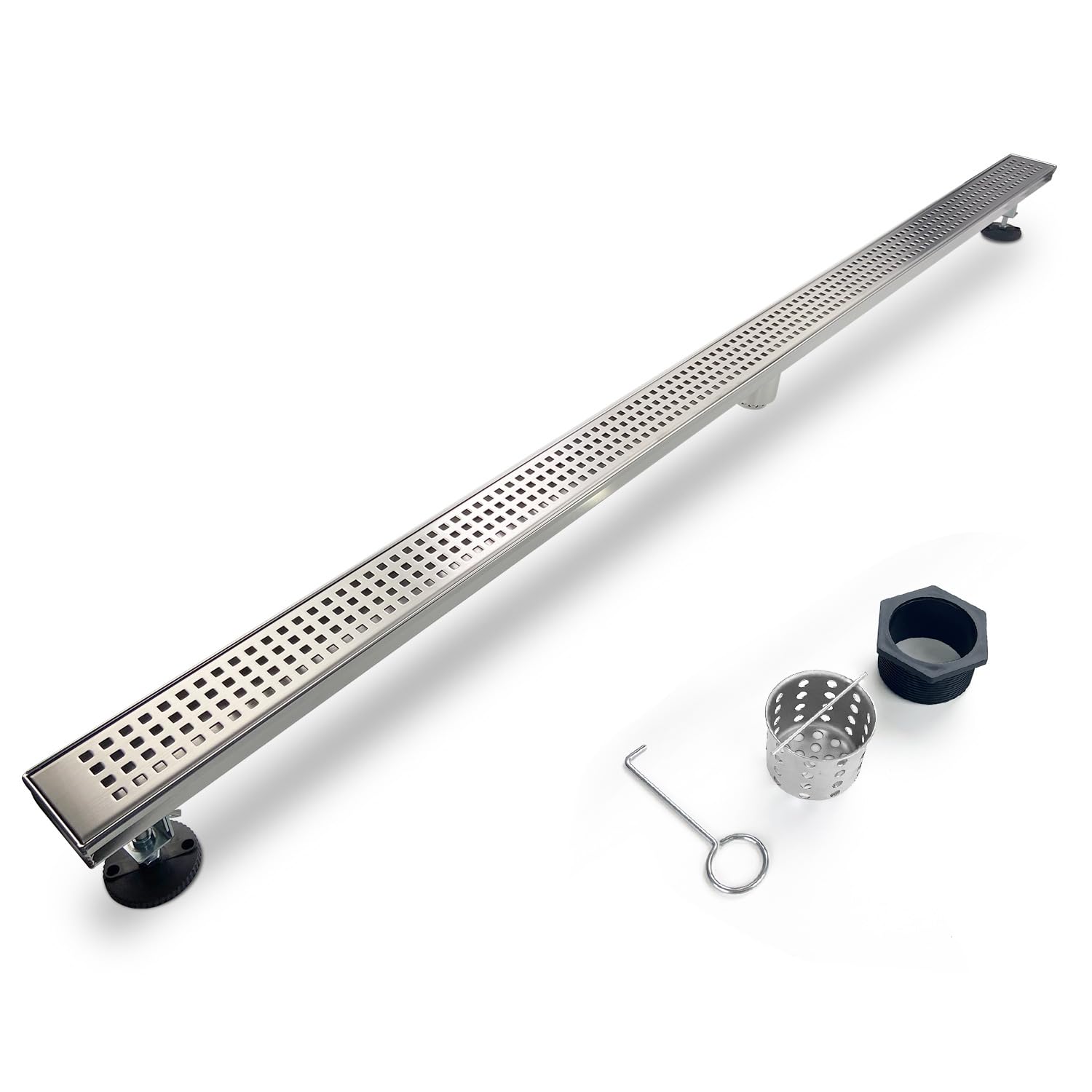 SaniteModar 60-Inch Linear Shower Drain - AISI 304 Brushed Stainless Steel with Removable Square Hole Panel, Adjustable Feet & Hair Catcher - Perfect for Modern Bathroom Renovations and Walk-In Showers
