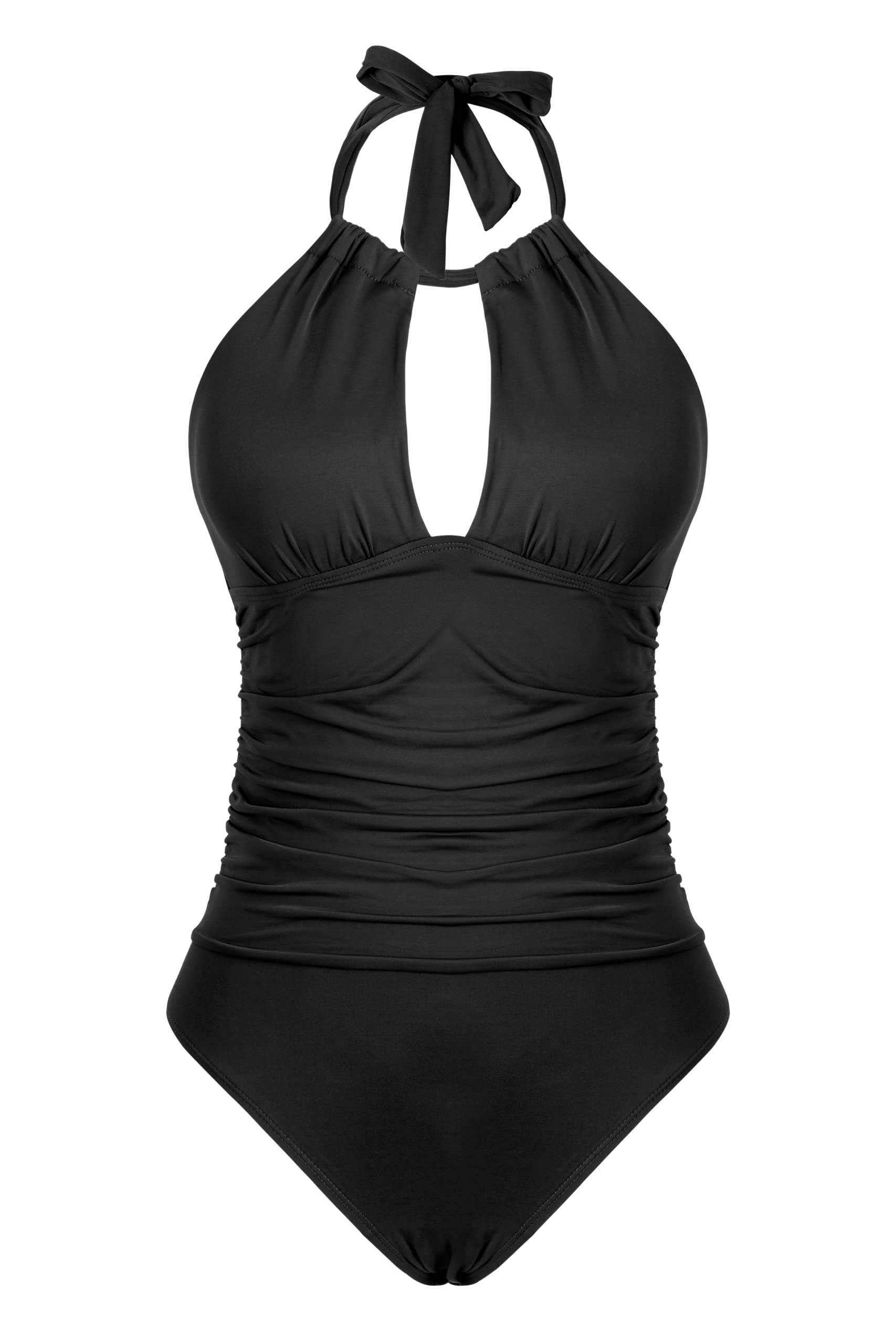 Beautikini Women's Tummy Control One Piece Swimsuit - Retro V-Neck Halter Ruched Bathing Suit for Beach, Pool & Vacation | Sexy & Supportive Swimwear