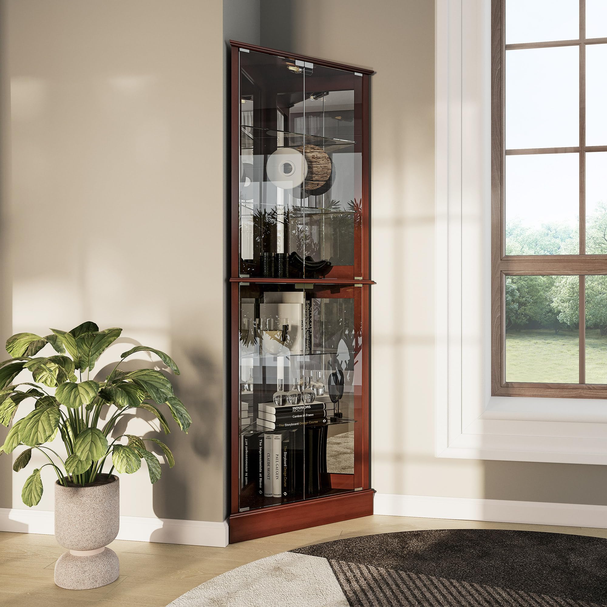 BELLEZE Wooden Corner Curio Cabinet with LED Lights & Tempered Glass Door - 6 Adjustable Shelves, Liquor Storage - Walnut Finish for Living Room, Dining Room & Home Bar Display