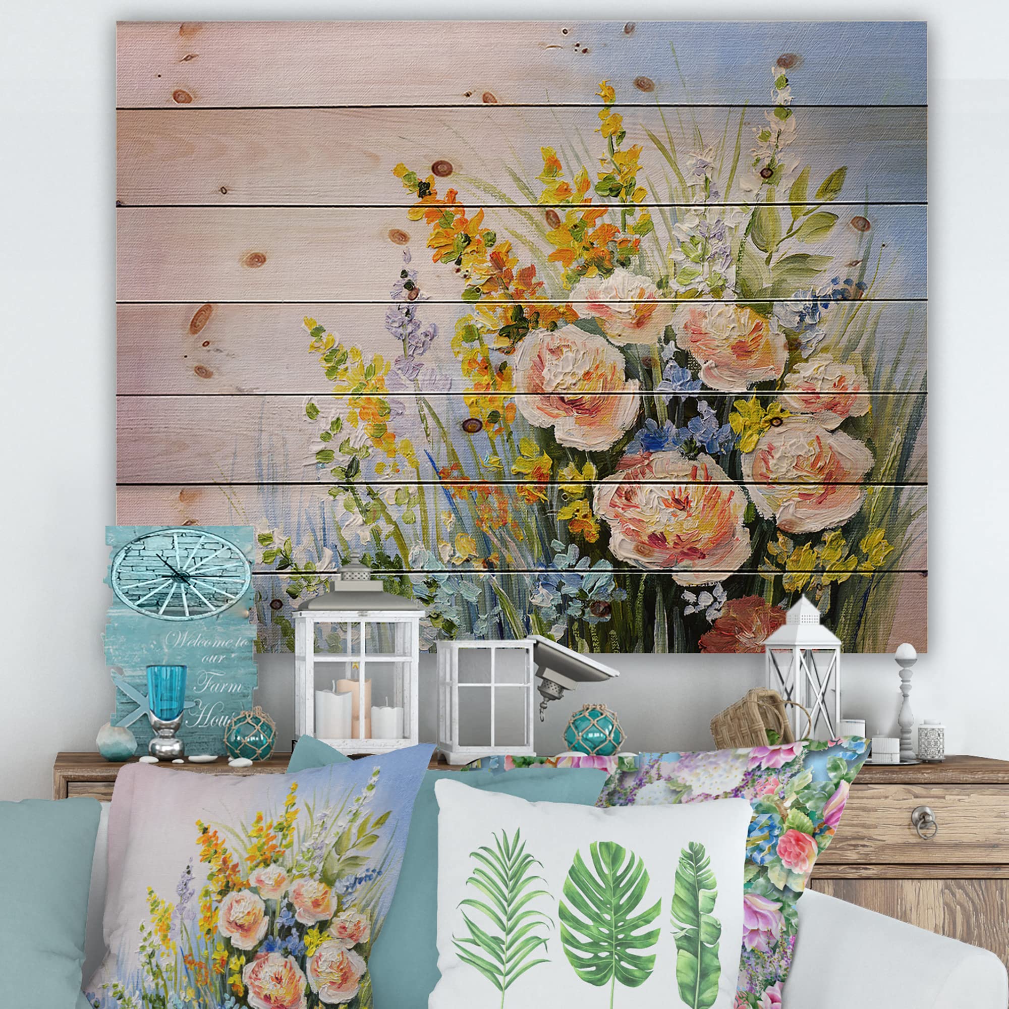 Pink and Yellow Summer Wildflowers Traditional Wood Wall Decor - Large Floral Wood Wall Art Panels Printed on Natural Pine - Perfect for Living Room, Bedroom, or Farmhouse Decor