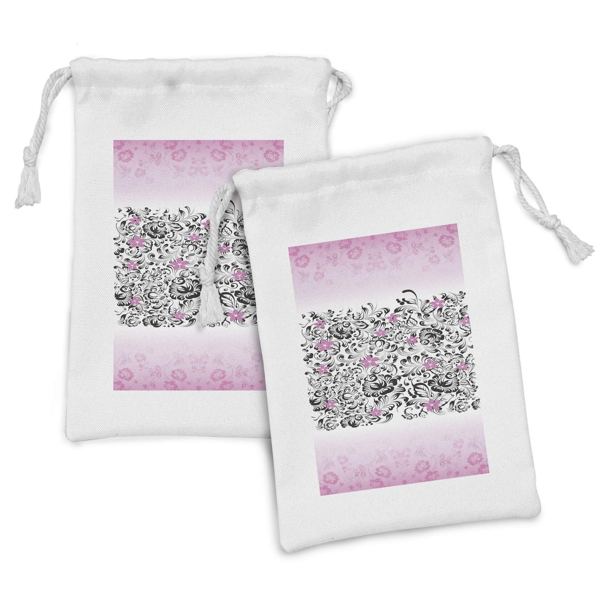 Ambesonne 2-Pack Black and Pink Floral Drawstring Pouches - 9