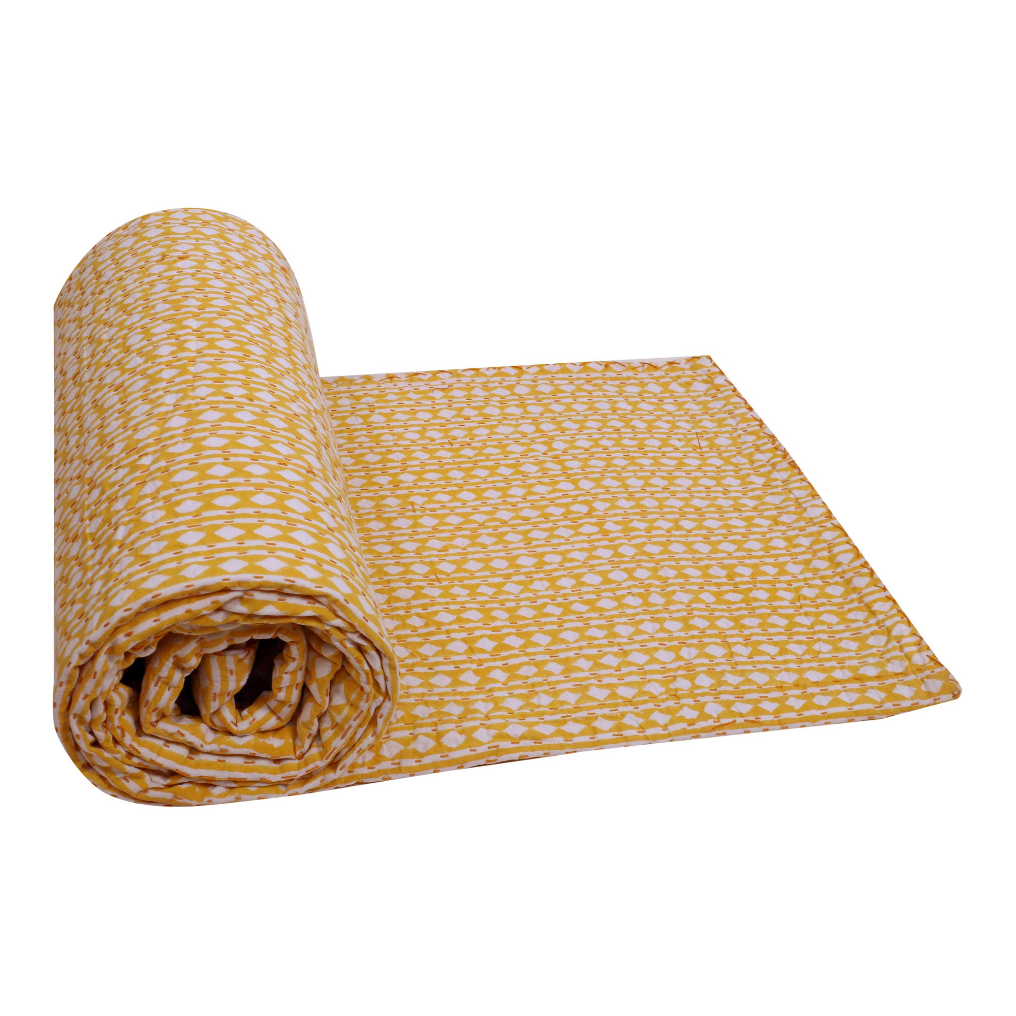 Handmade Indian Kantha Quilt - 100% Cotton Soft Traditional Block Print Blanket for Bed, Sofa & Decor | Twin Size 90x60 Inch Yellow Throw | Perfect for Bedroom, Living Room & Cozy Home Decor