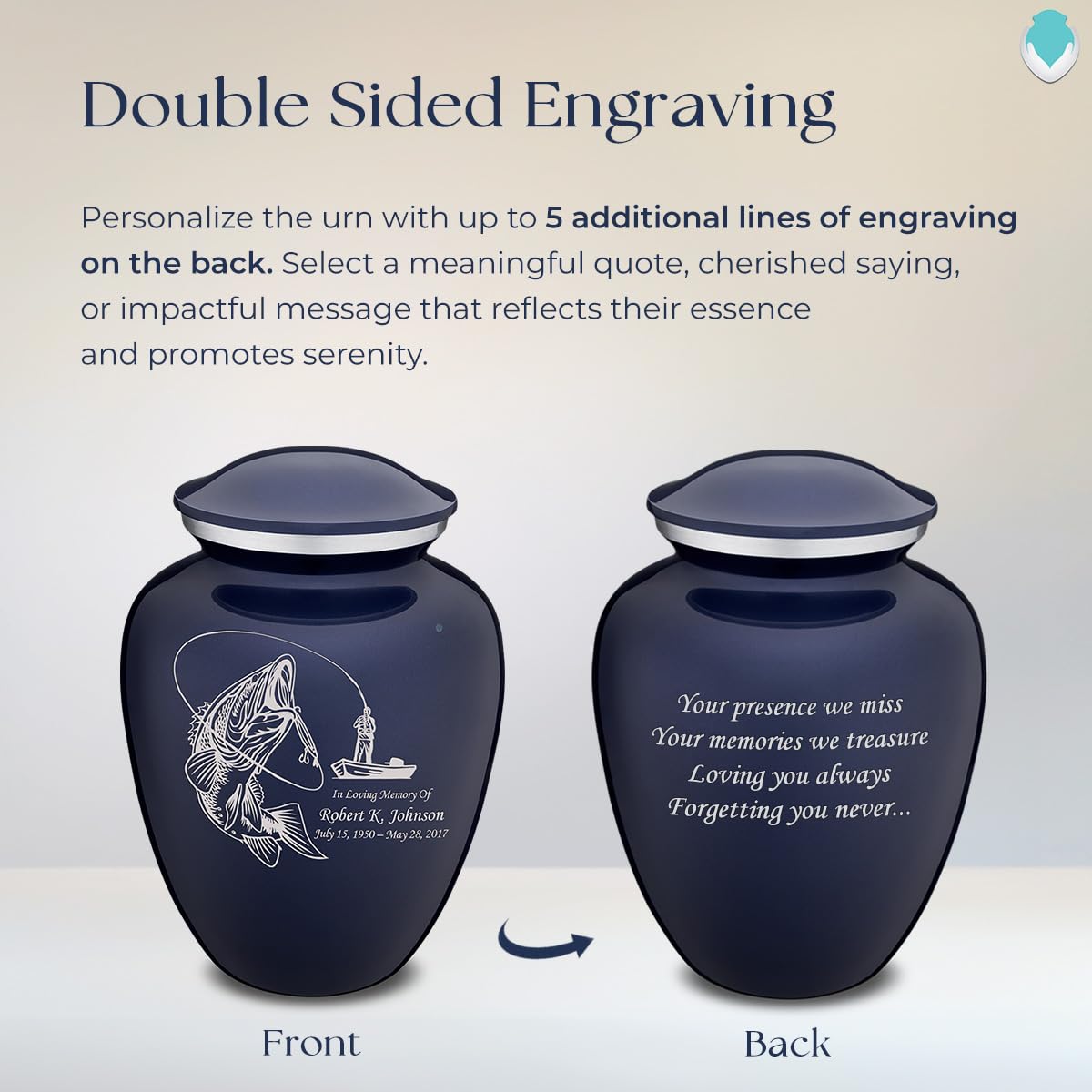 Personalized Fishing Cremation Urn for Human Ashes - Large Cobalt Blue Funeral Urn for Adults with Double Side Engraving - Holds Up to 200 lbs - Perfect for Memorial Services & Home Display