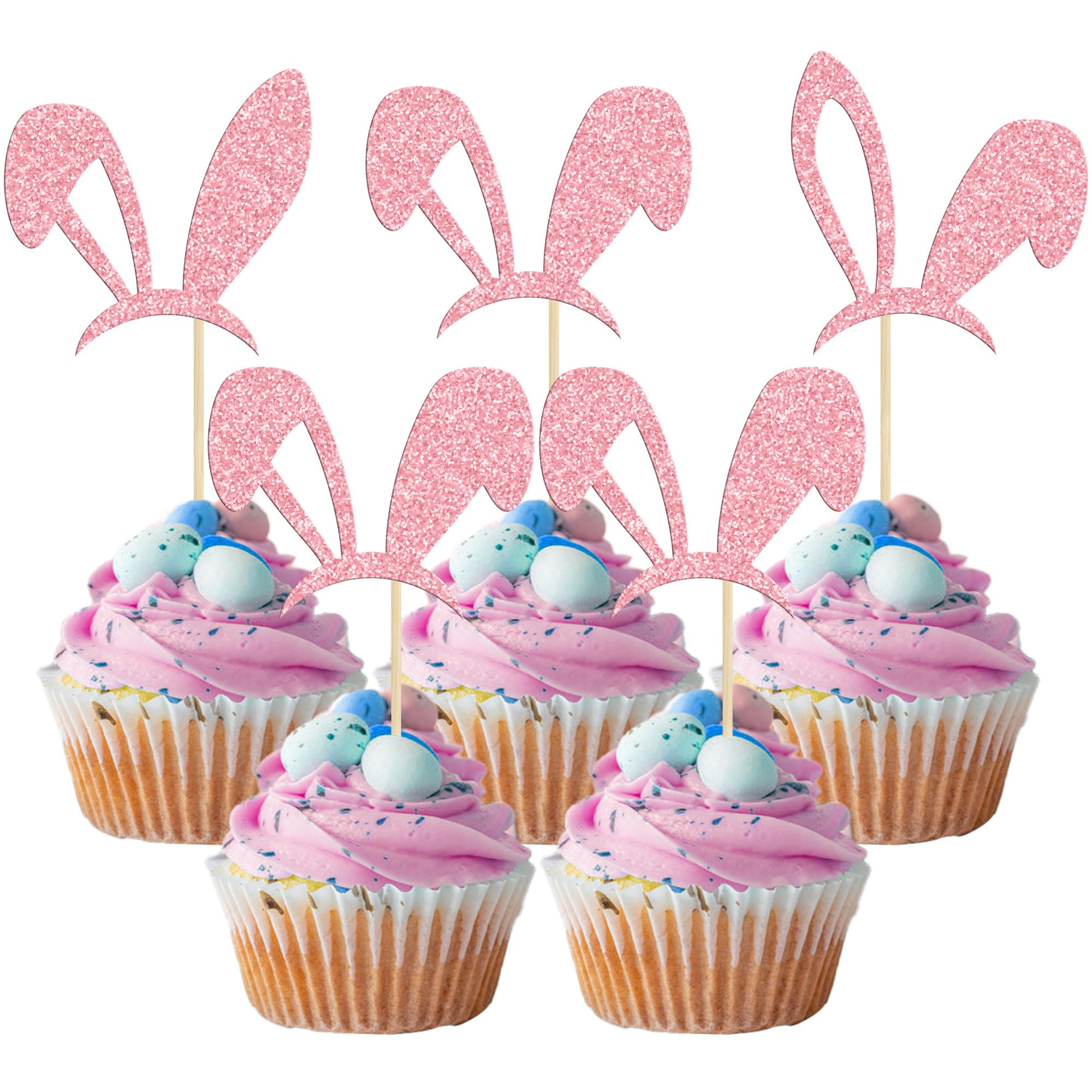 24 Pack Easter Bunny Ear Cupcake Toppers - Pink Glitter Rabbit Cake Decorations for Easter, Spring Birthday & Baby Shower Party Supplies | DIY Dessert Decor, Holiday Baking, Themed Celebrations