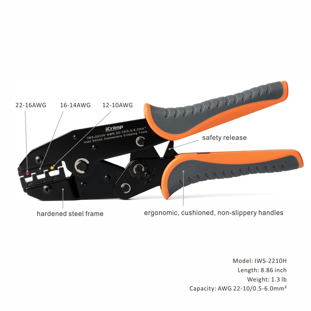 iCrimp Ratcheting Crimping Tool for AWG22-10 Wires - Professional Heat Shrink Connectors Crimper for Insulated Nylon & Electrical Wire Terminals - Perfect for DIY Electrical Projects, Automotive Wiring, and Home Repairs