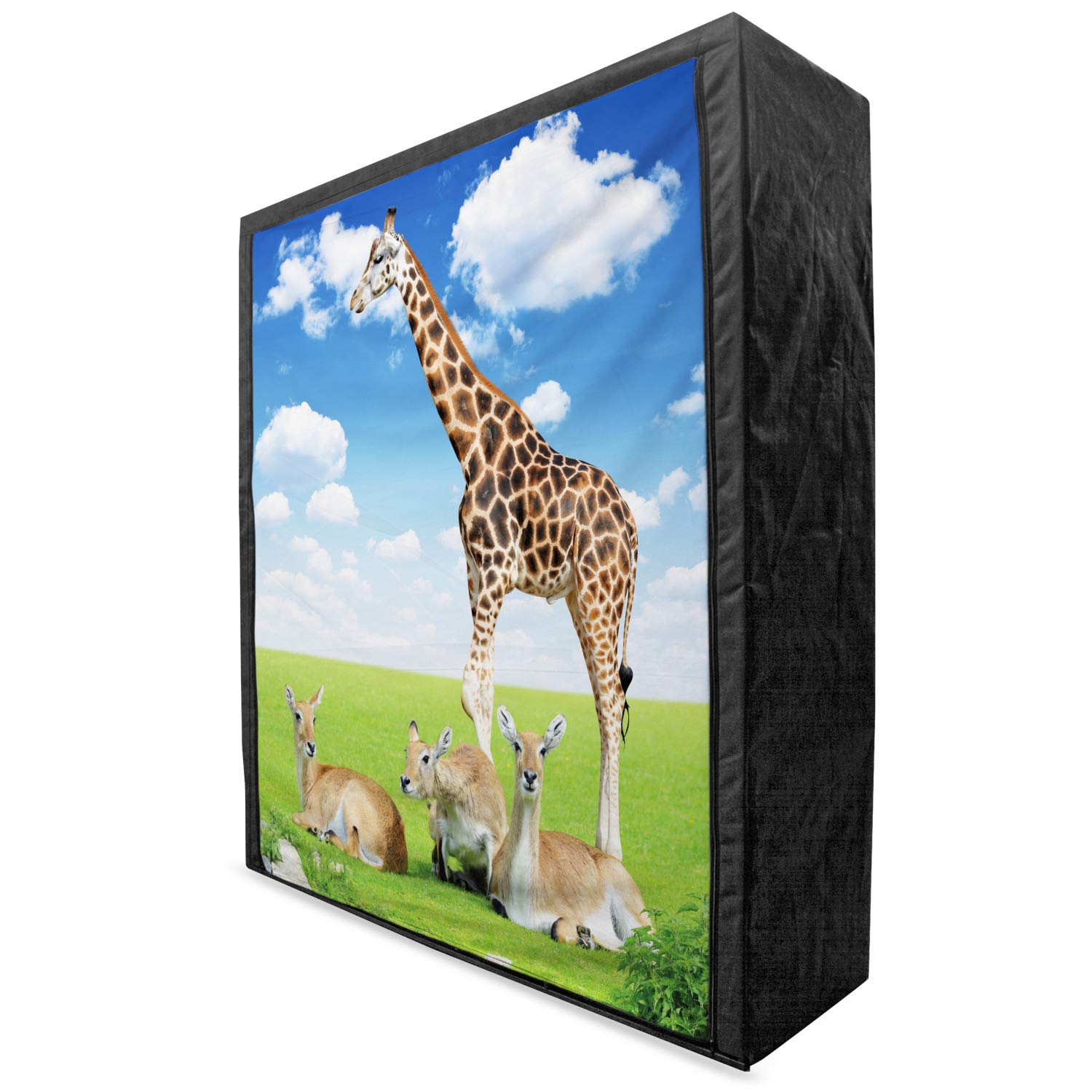 Ambesonne Giraffe Portable Fabric Wardrobe - Zoo Animals Pattern with Antelope & Giraffe on Green Meadow - 59