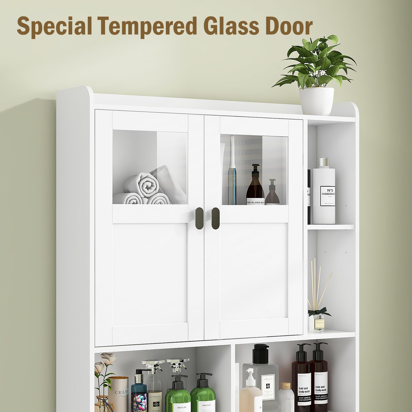 Over The Toilet Storage Cabinet with Glass Doors & Adjustable Shelves - White Freestanding Bathroom Shelf for Small Spaces | Perfect for Restroom, Bathroom & Laundry Organization | Space-Saving Toilet Rack for Apartments & Compact Homes