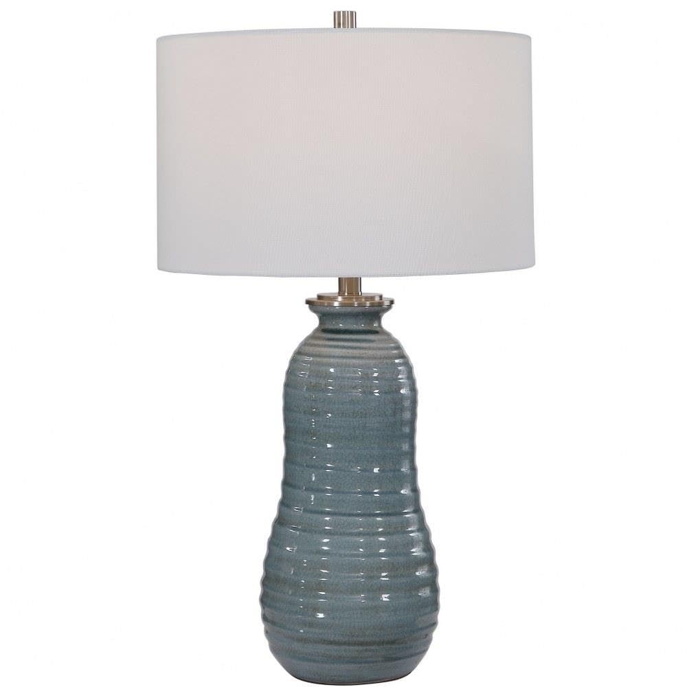 Tall Ribbed 1-Light Light Blue Ceramic Table Lamp with White Linen Drum Shade - 3-Way Switch for Bedroom, Living Room, or Office Decor