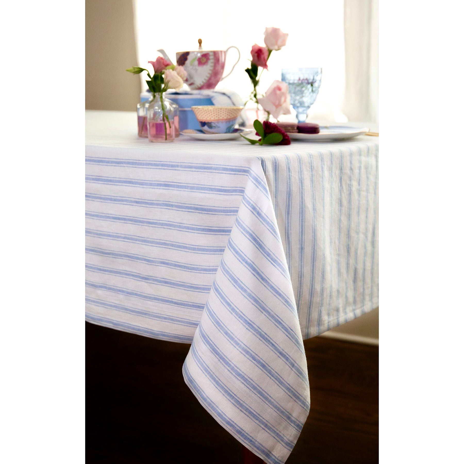 Stylish Capri Ticking Stripe Tablecloth - Waterproof & Washable Cotton Table Cover for Dining Room, Kitchen, and Outdoor Picnics