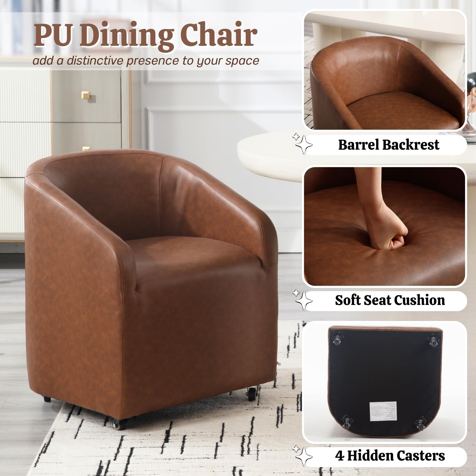 Modern Swivel Barrel Dining Chairs Set of 2 - PU Leather Upholstered Kitchen Counter Stools with Casters - Accent Side Chairs for Dining Room, Living Room & Home Office - Brown (Perfect for Breakfast Nooks, Kitchen Islands & Small Space Dining)