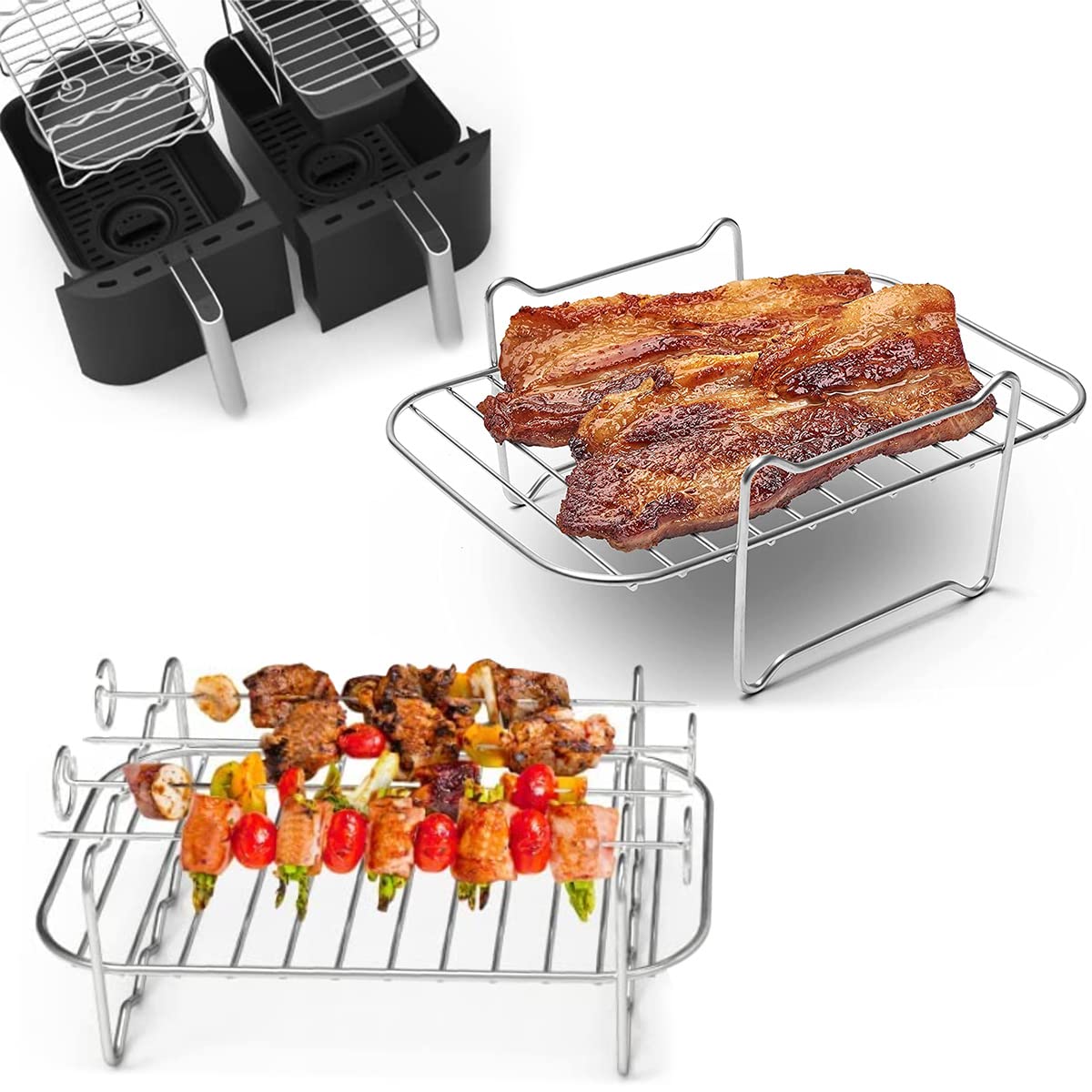 2Pcs 304 Stainless Steel Air Fryer Racks for Double Basket Air Fryers - Oven Safe Cooking Grilling Rack Accessories for Baking, Roasting & Microwaving | Perfect for Chicken Wings, Vegetables & Family Meals