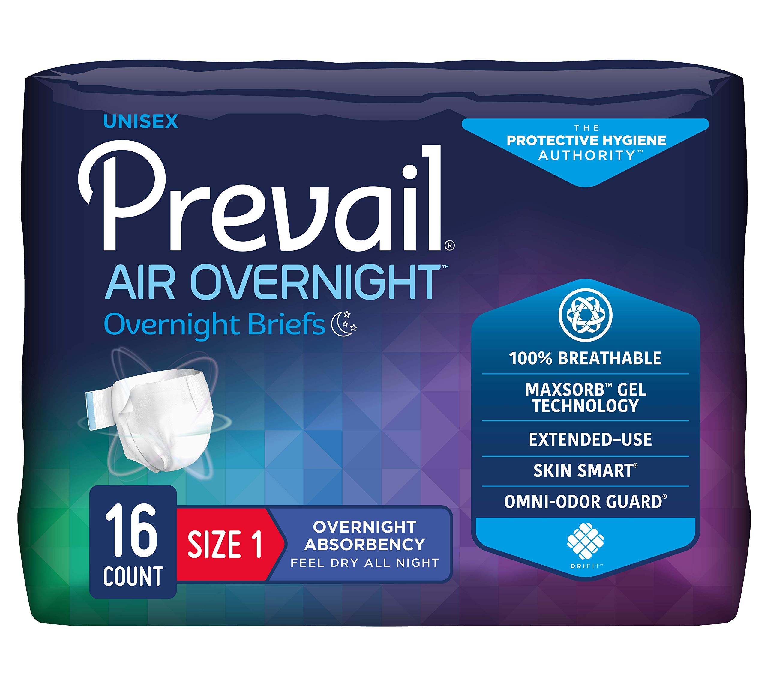 Prevail AIR Overnight Incontinence Briefs for Adults - Super Absorbent Disposable Diapers with Tabs (Unisex, Size 1, 20 Count) - Ideal for Nighttime Protection and Comfort