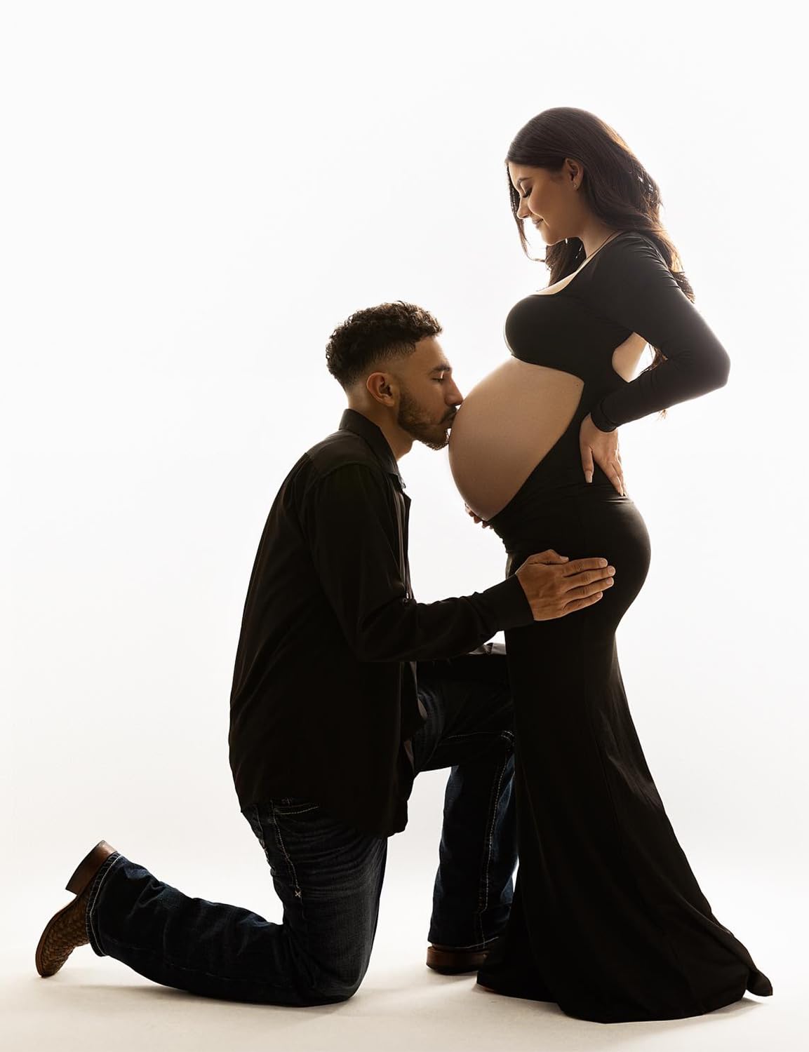 Cut Out Maternity Dress for Pregnancy Photos - Open Belly Long Sleeve Photography Gown with Square Neck | Perfect for Maternity Photo Shoots, Baby Showers & Special Occasions