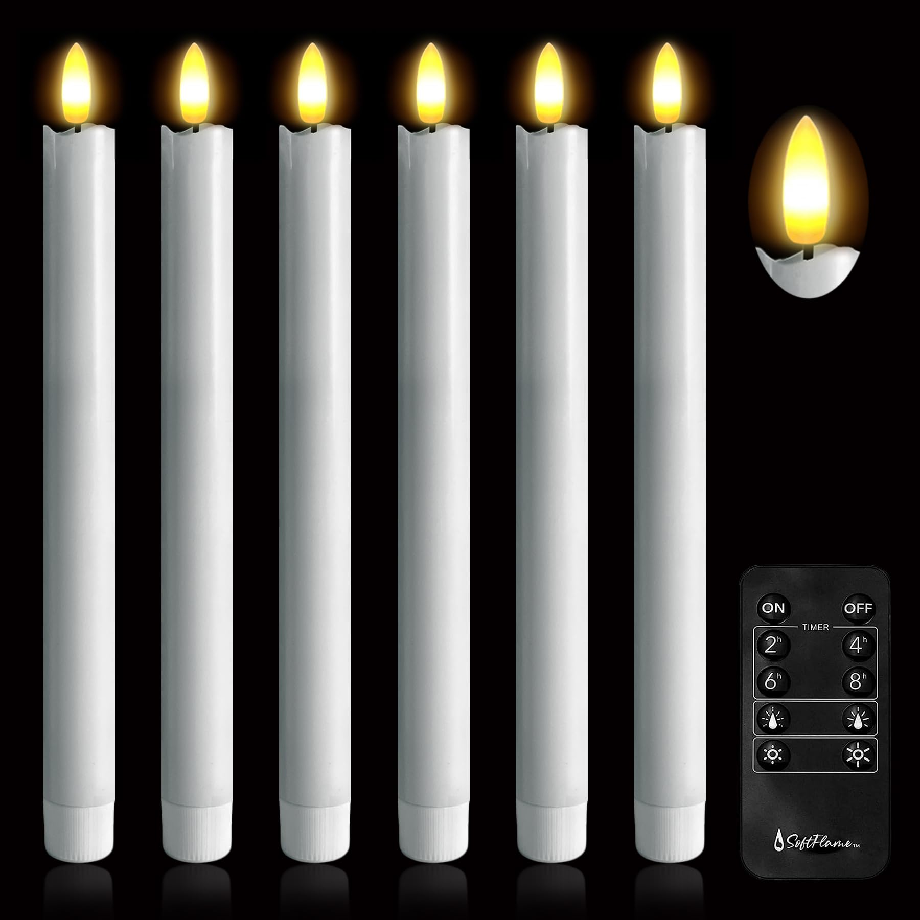 Flameless LED Taper Candles Set of 6 - Battery Operated Remote Control Candles with 3D Flickering Flame & Real Wax Coating for Windows, Home Decor, Christmas, Weddings & Romantic Ambiance