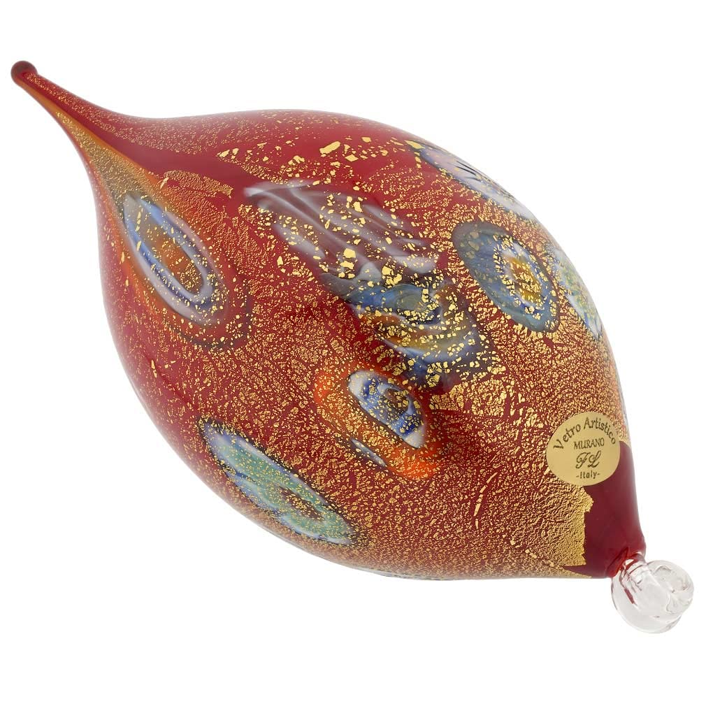 Venetian Murano Glass Millefiori Drop Christmas Ornament - Handcrafted Red & Gold Holiday Decoration for Tree, Gift, or Home Décor