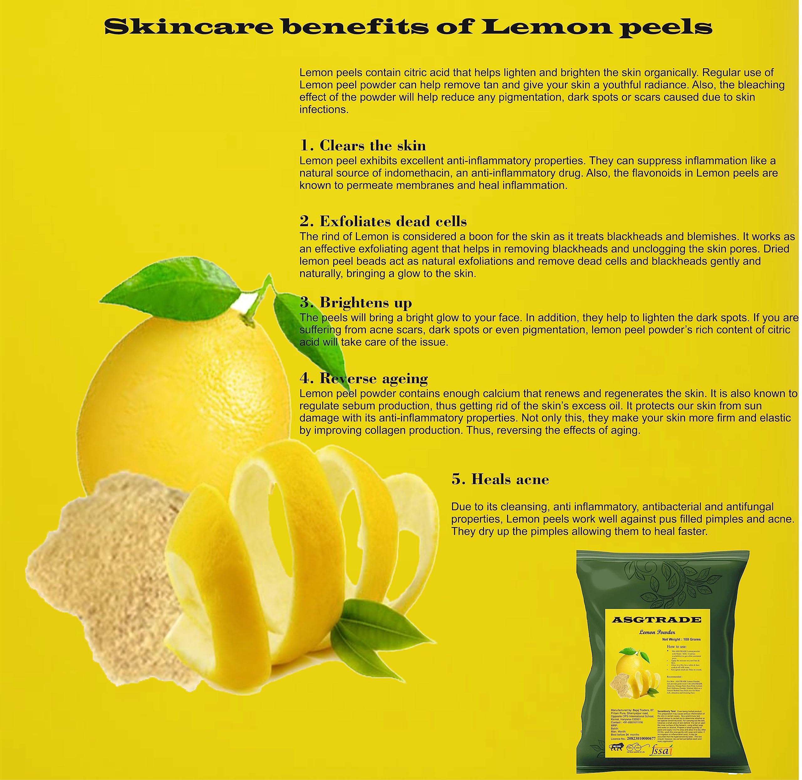 ASGTRADE 100% Organic Natural Lemon Peel Powder for Face Care & Skin Brightening - Chemical-Free Exfoliator & Cleanser | DIY Skincare, Facial Scrub, Natural Skin Whitening Treatment
