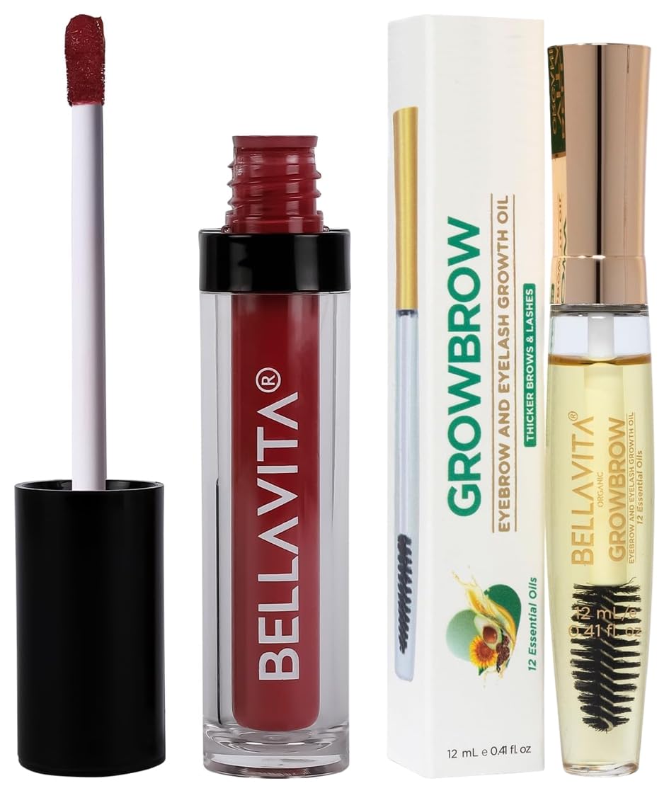 Bella Vita Organic Kiss-Proof Liquid Lipstick - Long Lasting Matte Finish, 4.5ml | Growbrow Eyelash & Eyebrow Growth Serum with Castor Oil, Onion Extract & Vitamin E, 12ml - Perfect for Daily Makeup & Natural Lash Enhancement