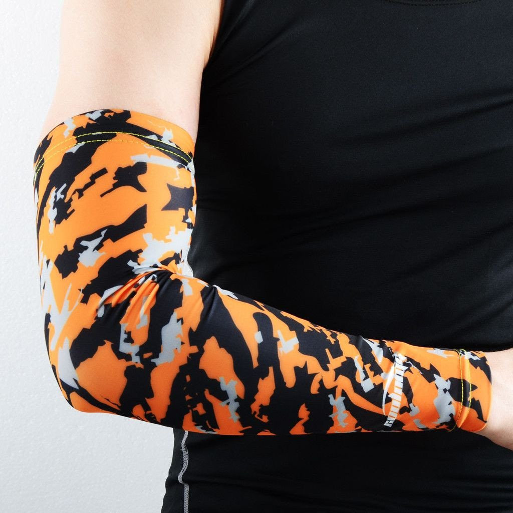 Camo Orange Compression Arm Sleeves for Men & Women - UV Protection & Muscle Support - Perfect for Running, Basketball, Cycling & Outdoor Sports