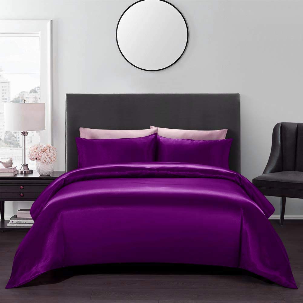 Premium Full Size Satin Duvet Cover Set with Zipper - 4 Piece Bedding Set (Duvet Cover + Fitted Sheet + 2 Pillowcases) - Soft Eggplant Purple for Hair & Skin Care - Perfect for Master Bedroom, Guest Room & Dorm Decor