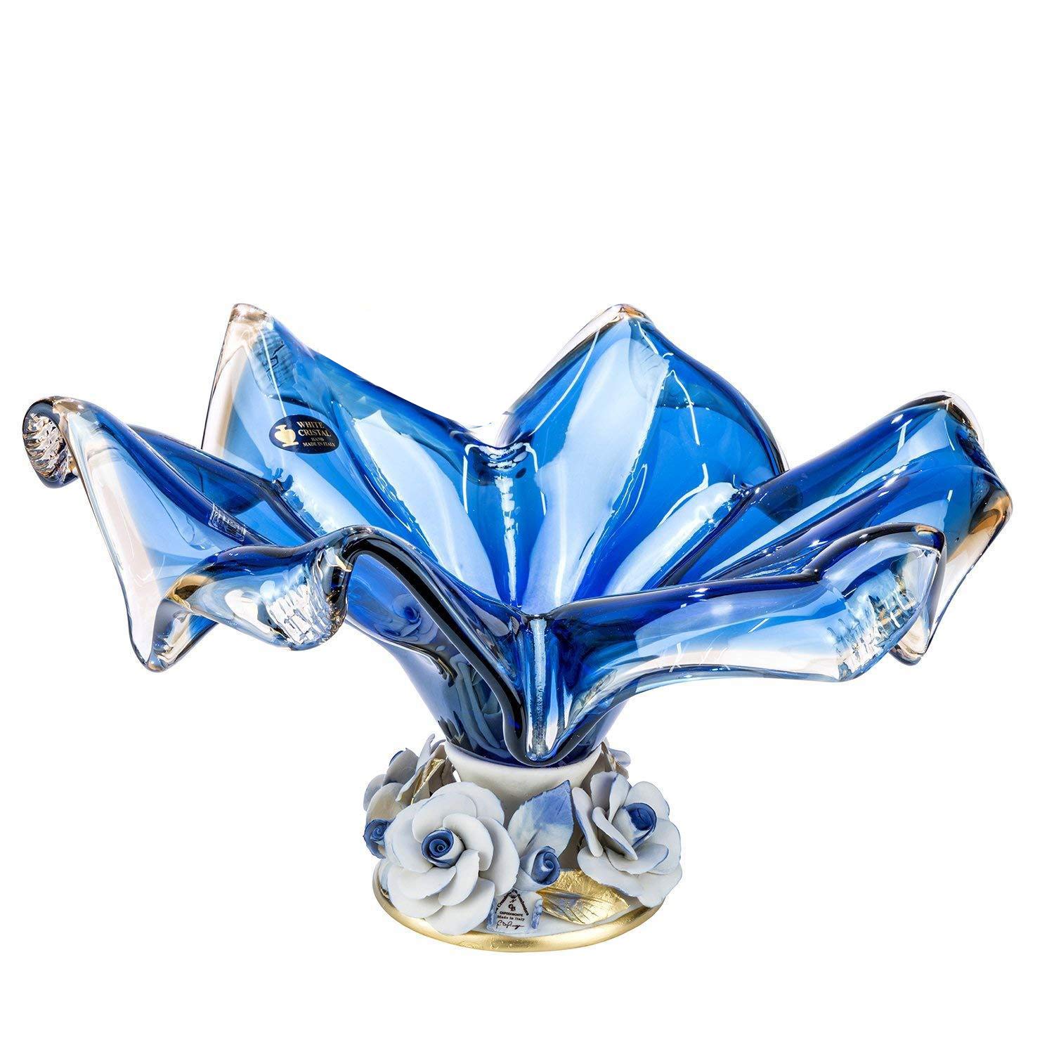 Authentic Italian Murano Glass Large Fruit Bowl 'Star' - 15 Inch Blue Centerpiece for Dining Table Decor, Fruit Display & Elegant Home Decor