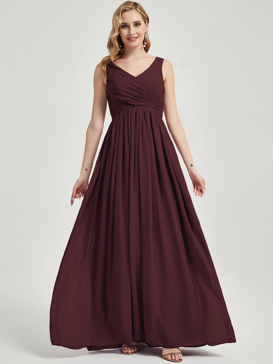Elegant Cabernet Pleated V-Neck Sleeveless Empire Waist Maxi Chiffon Bridesmaid Dress for Weddings, Formal Events & Special Occasions