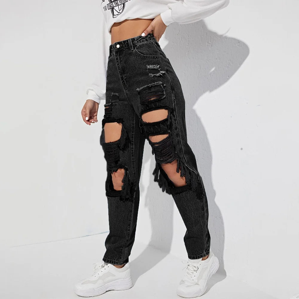 Women's Black High Waist Distressed Denim Patchwork Wide Leg Pants - Casual Loose Fit Button Fly Jeans for Fall Fashion | Perfect for Everyday Wear, Office Outfits & Autumn Styling