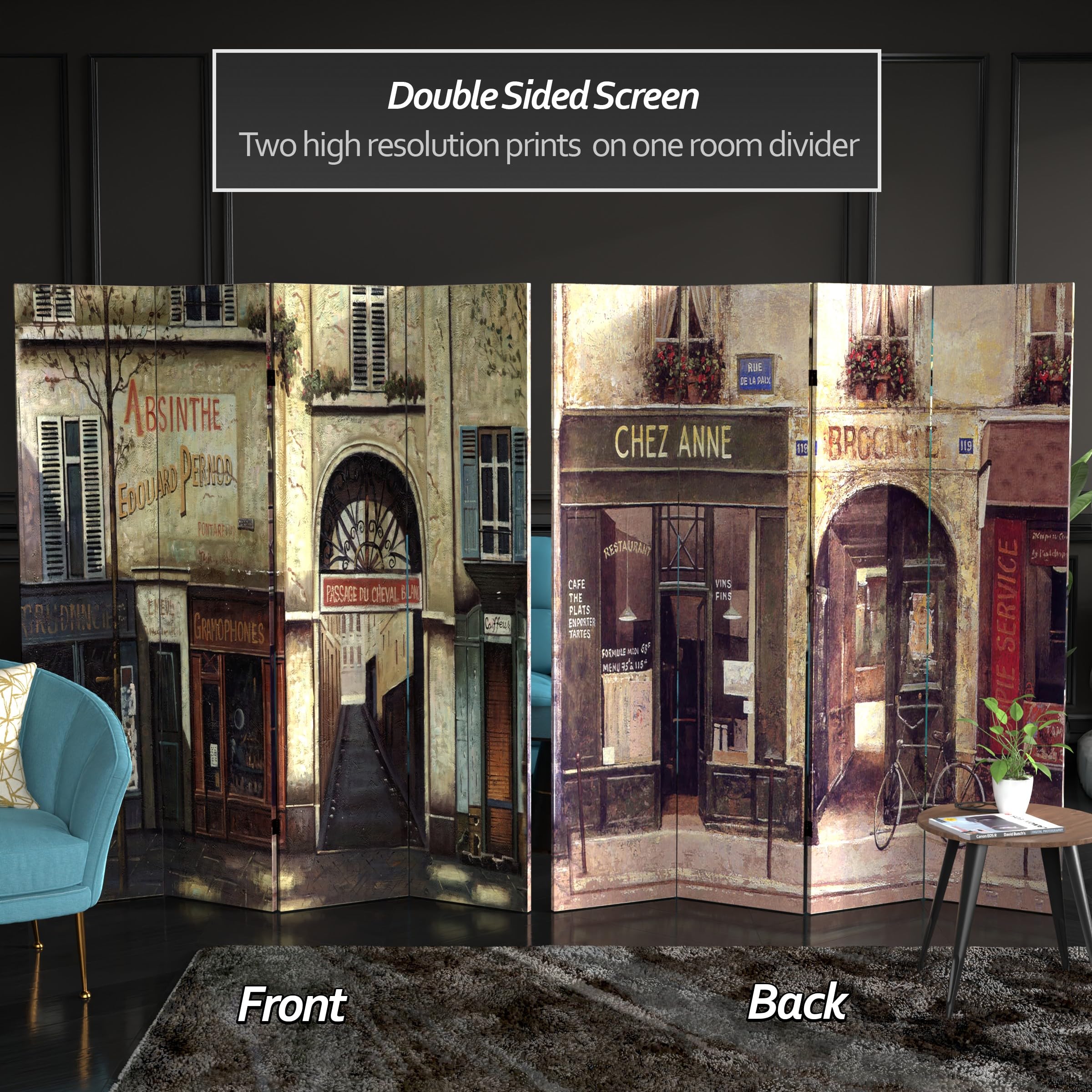 6 ft. Tall Red Lantern Double-Sided French Cafe Canvas Room Divider - 4 Panel Folding Privacy Screen for Home, Office & Wedding Decor
