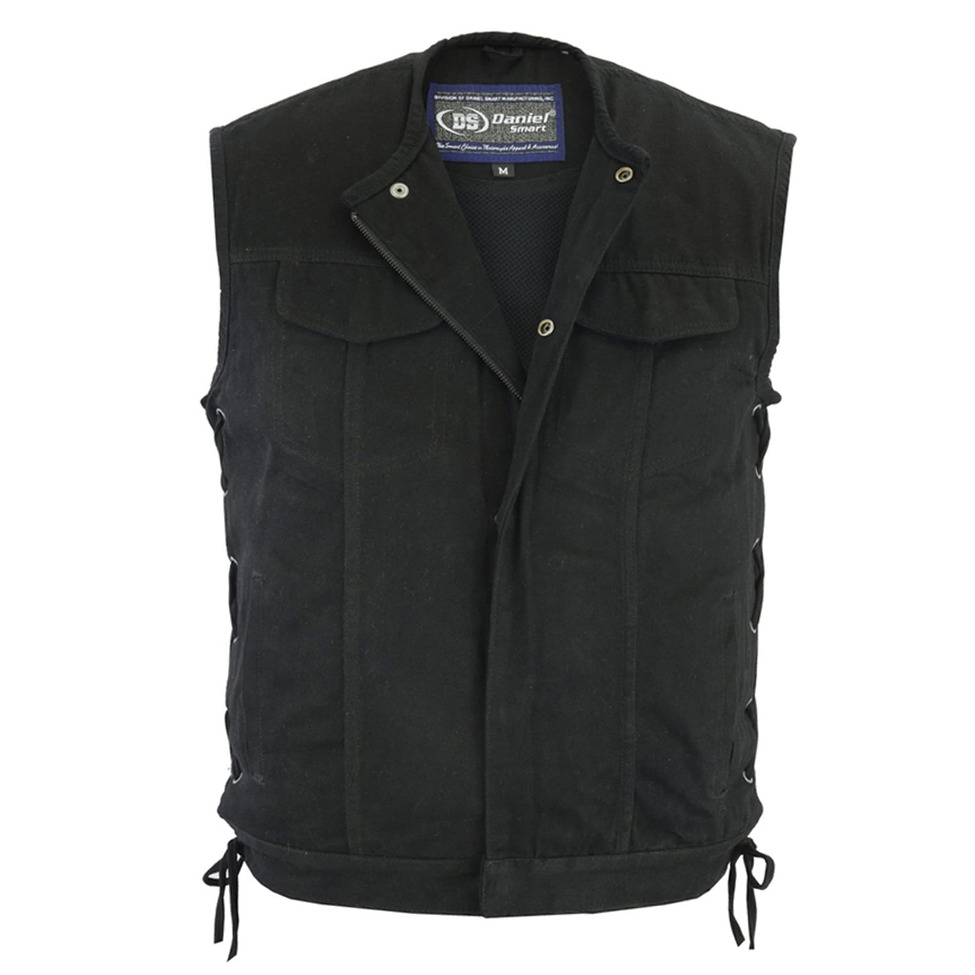 Daniel Smart Men's Black Denim Biker Vest - Collarless Design with Side Laces & Hidden Armory Pocket | Perfect for Motorcycle Riding, Outdoor Adventures & Casual Streetwear