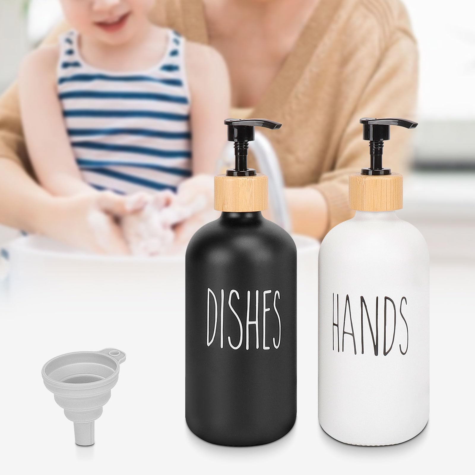 HarJue Glass Soap Dispenser Set - Refillable Dish Soap Pump for Kitchen & Bathroom | Countertop Shampoo & Conditioner Dispenser | Elegant Home & Restaurant Use