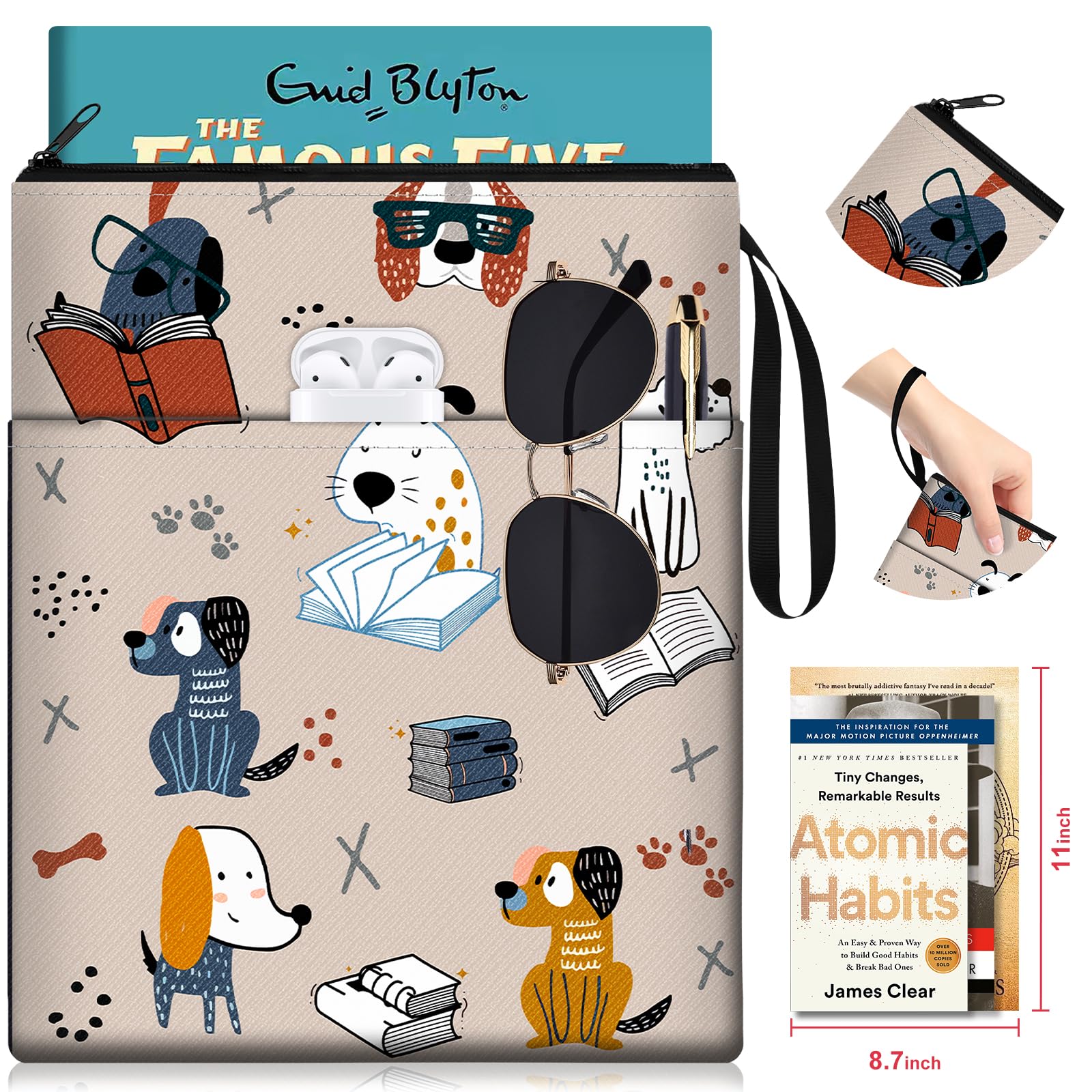 Cute Dog Pattern Zippered Book Sleeve Protector for Paperback & Hardcover Books - Waterproof Reading Accessories for Students, Women & Book Lovers - Perfect for School, Travel, Library & Daily Reading Protection