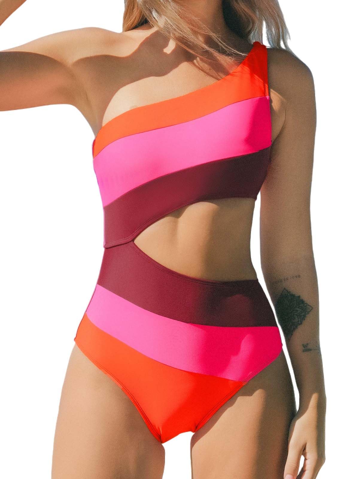CUPSHE Women's One Shoulder Cutout Color Block One Piece Swimsuit | Sexy Bathing Suit for Beach, Pool & Vacation | Tummy Control Swimwear for Women