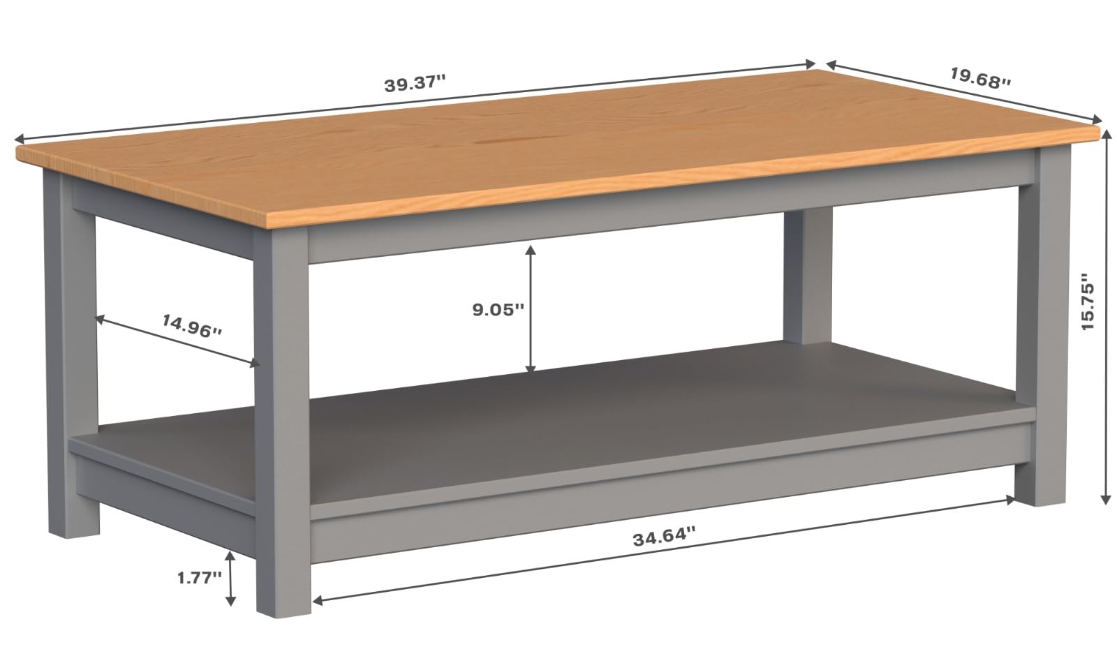 Modern Gray/Pine Coffee Table with Storage Shelf - Stylish & Functional Living Room Furniture for Small Spaces, Home Decor, and Entertainment Areas