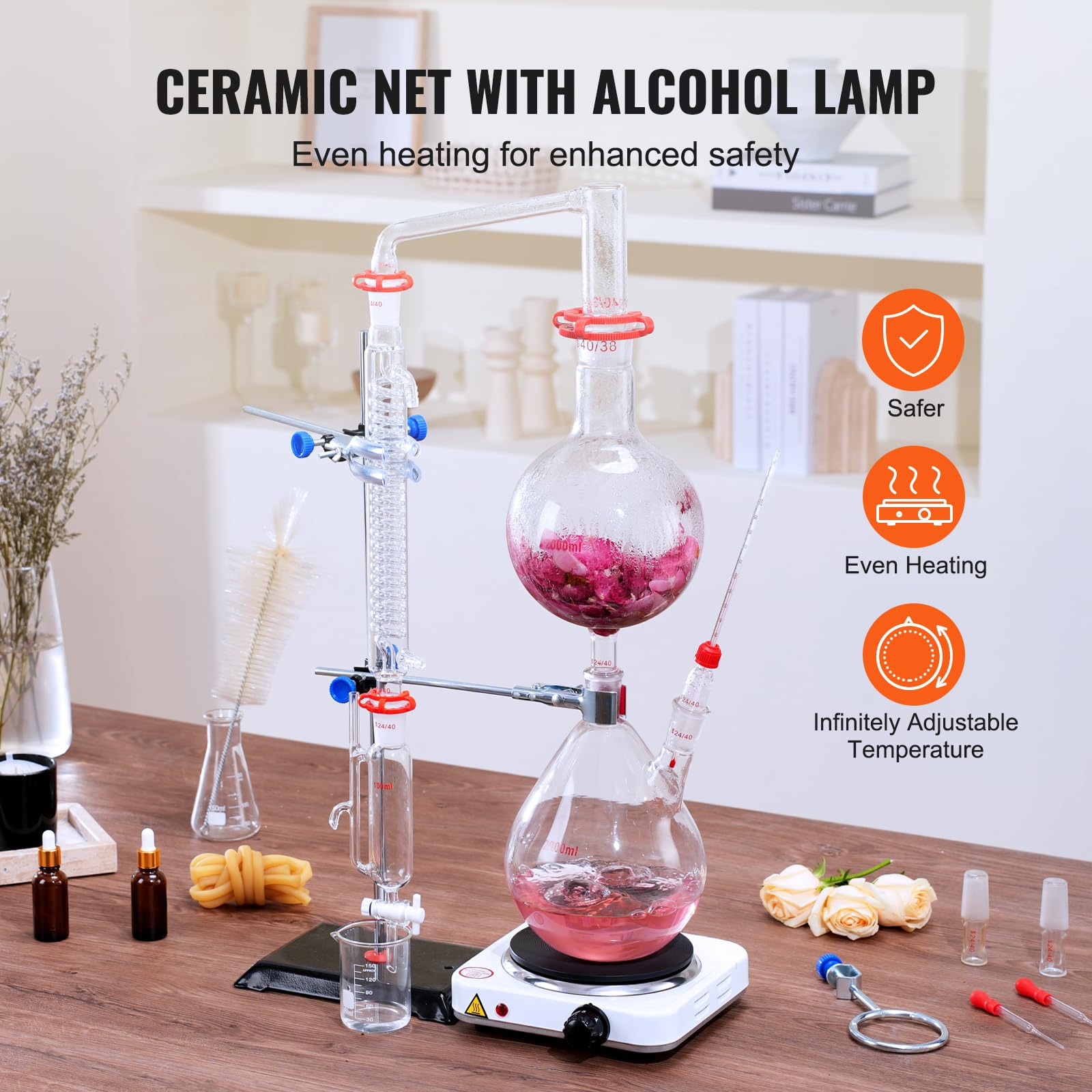 VEVOR 2L Essential Oil Distiller Kit - Lab Glassware Distillation Apparatus with Hot Plate & Condenser (S35, 24/40 Joint) - Perfect for Aromatherapy, Hydrosol Production & Water Purification