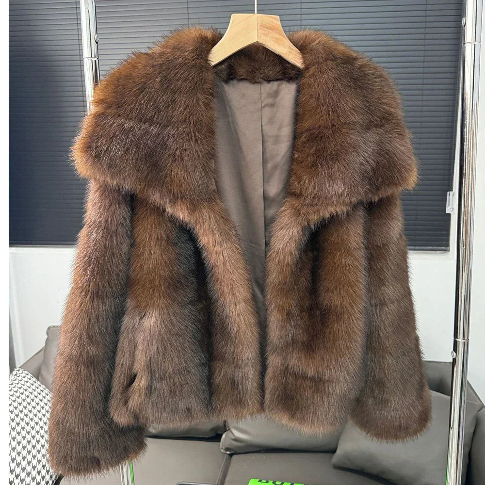 Brown Women's Faux Sable Fur Jacket - Oversized Lapel Long Sleeve Winter Coat, Warm Fluffy Loose Streetwear Outerwear for Women | Perfect for Cold Weather, Casual Outings & Fashionable Winter Looks