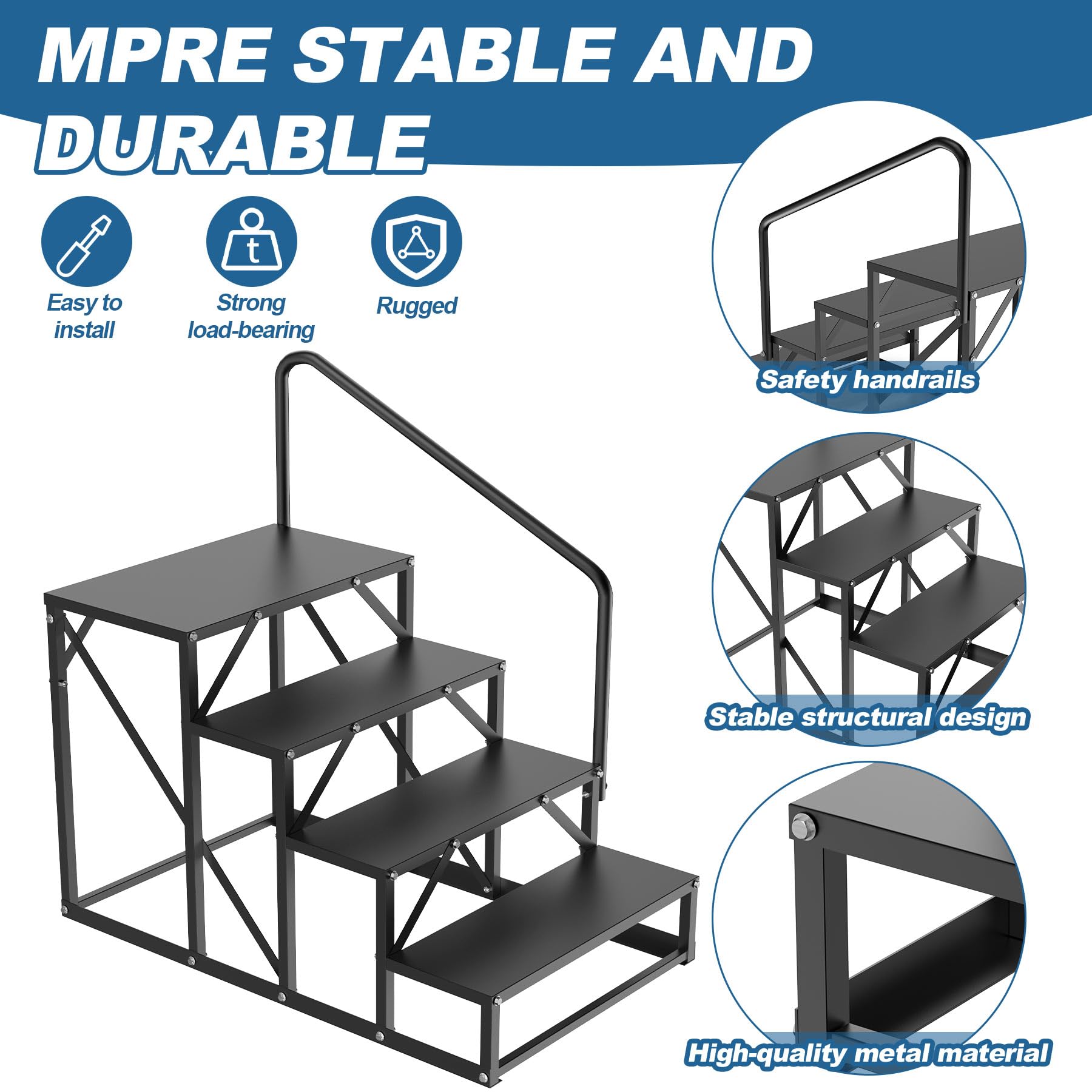 4-Step Hot Tub Steps with Handrail - Heavy Duty Black Metal RV Stairs for Mobile Homes, Outdoor Porch & Above Ground Pool Access - Non-Slip Safety Steps for Spa, Deck, and Camper Use