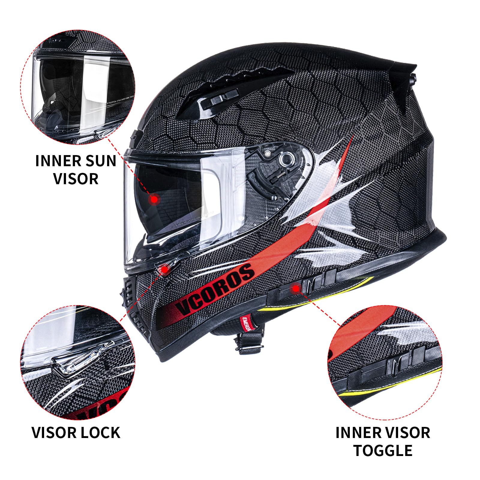 VCOROS DOT Approved Carbon Fiber Full Face Motorcycle Helmet FA-602 with Dual Visor - Mountain Racing & Street Bike ATV Helmet for Men & Women (Hexagon Carbon Fiber Graphic, XXL) - Perfect for Highway Cruising, Off-Road Adventures and Urban Commuting