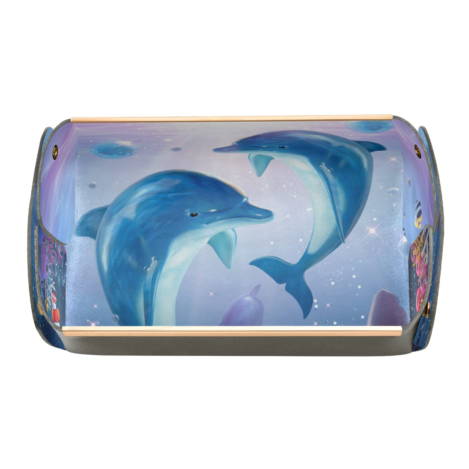 Dolphin Family Swim Play Undersea World Rectangular Desk Organizer Tray - PVC Leather Jewelry & Vanity Storage Tray, Detachable Foldable Valet Tray for Counter, Tissues & Accessories | Perfect for Office, Bathroom & Bedroom Organization